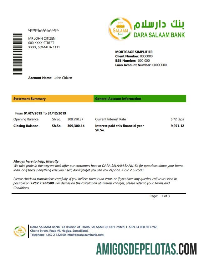 em branco Somália Dara Salaam Modelo de extrato bancário em formato Word e PDF, bom para provar endereço